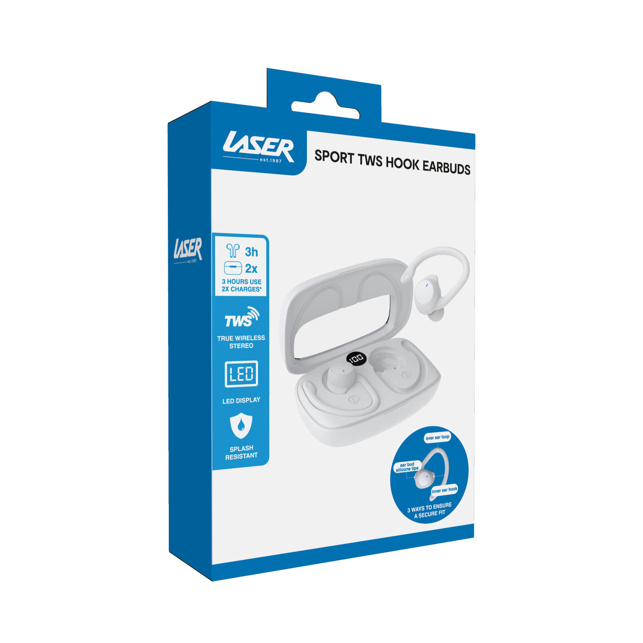 Laser Sport TWS Hook Earbuds with LED Display White